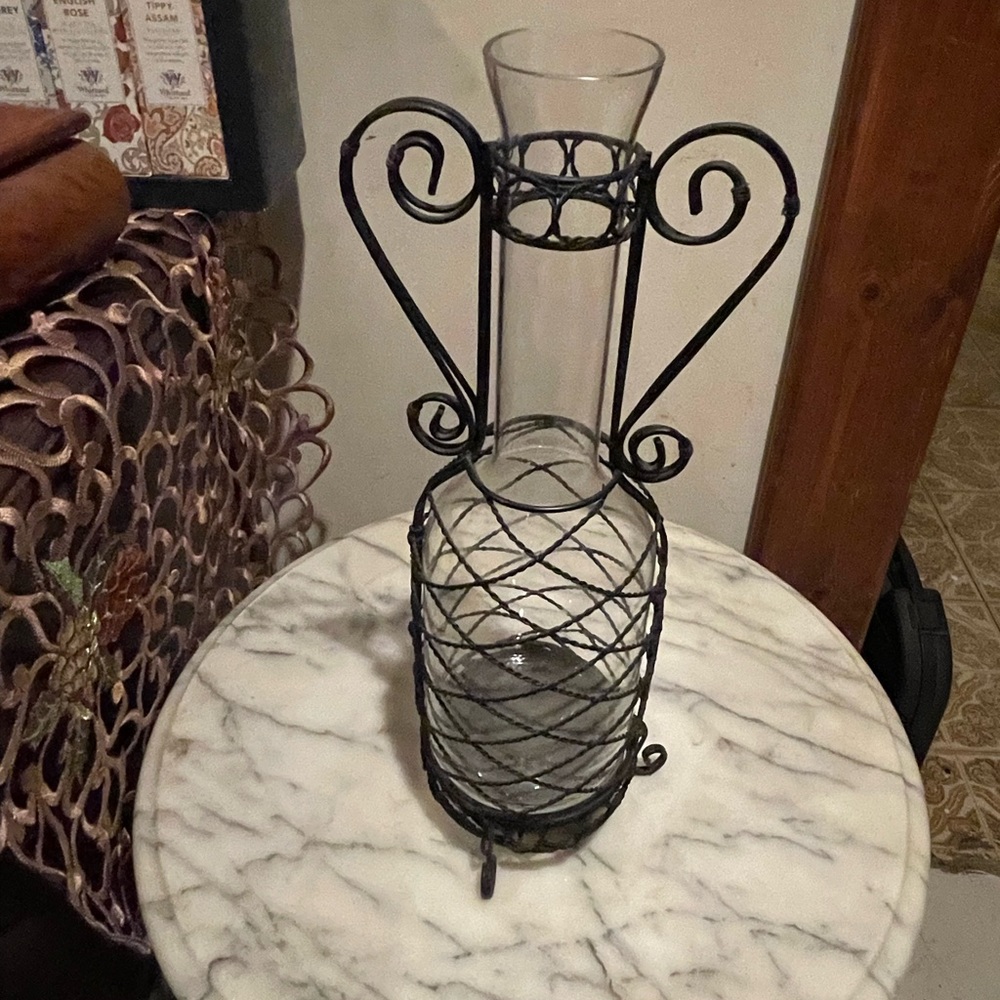 Decorative Glass & Black Wire Bottle - 12” Tall